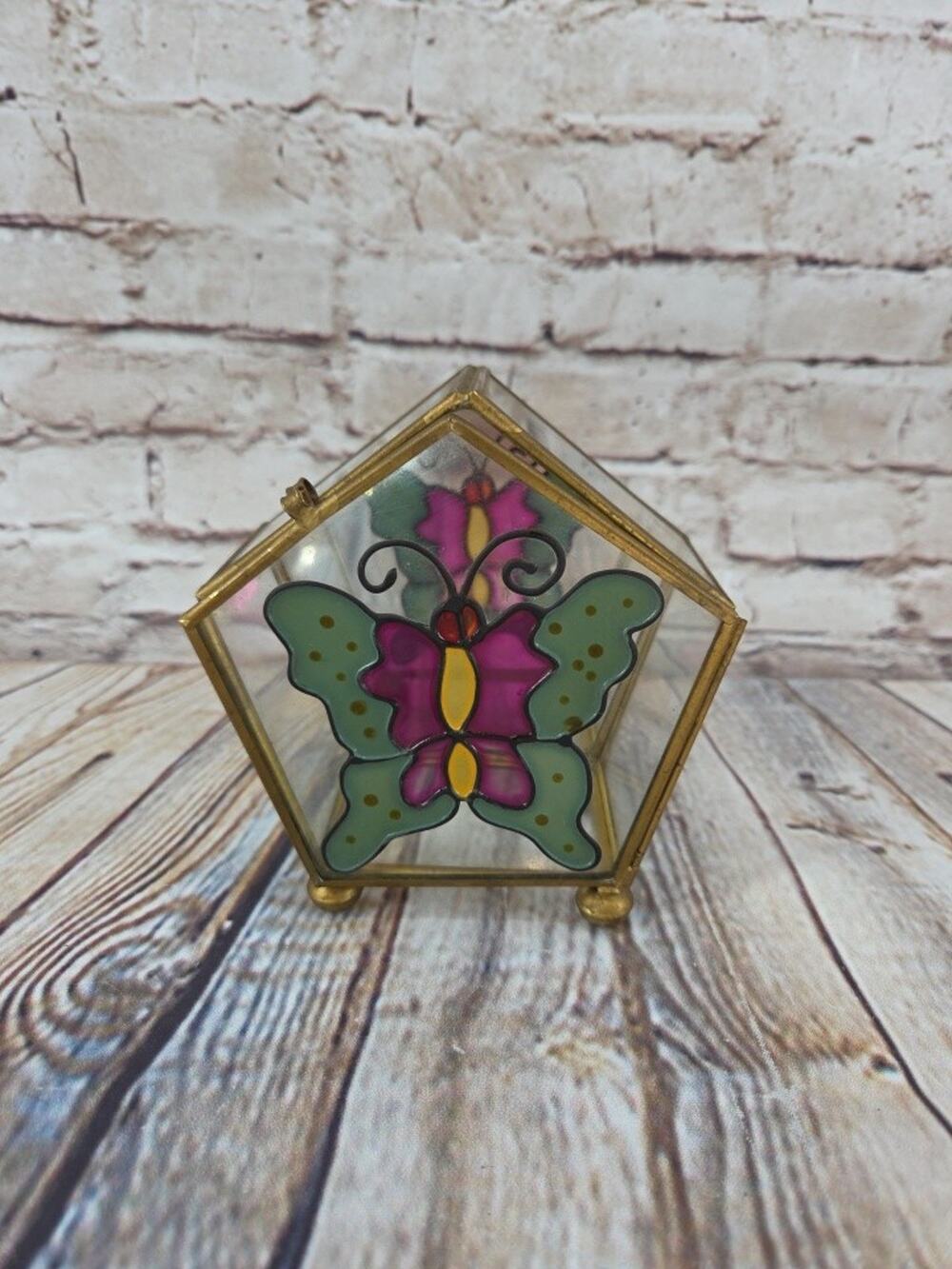 Vtg Hexagon Glass & Brass Trinket Jewelry Box Mirror Bottom Painted Butterfly